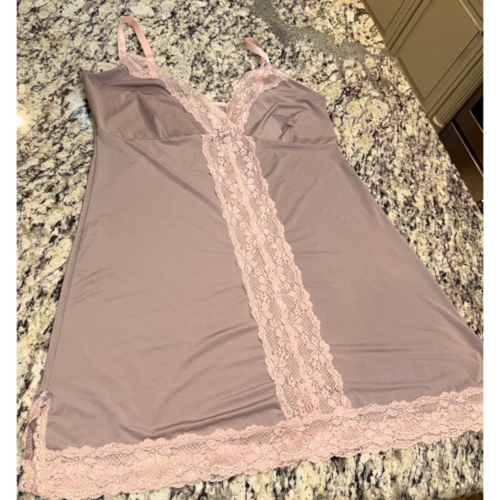 Delta Burke 3X Taupe Stretchy Satin Lace V-Neck Slip Style Nighty Nightgown - Picture 2 of 14